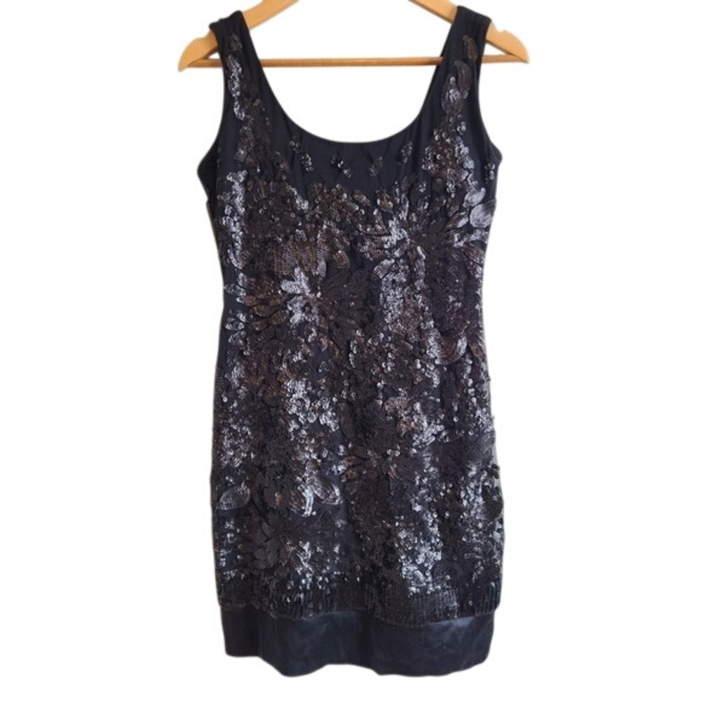 Hale‎ Bob Black Sleeveless Floral Sequin Low Back Cocktail Sheath Dress Medium